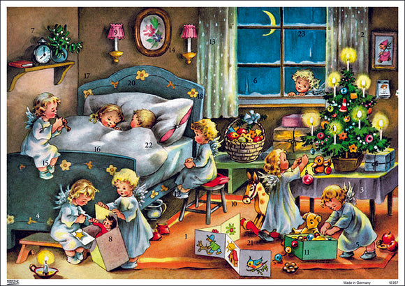 20301-10357 Advents Calendar Card with Envelope Angels decorating the tree in the Bed Room - German Specialty Imports llc