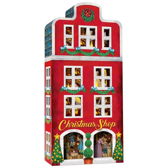 200029 Windel  Christmas Tin Shop House with Chocolates with cream fillings 3  oz - German Specialty Imports llc