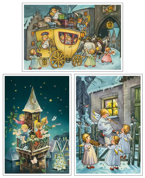 24128-12485 Glitter Advent Calendar Card with Envelope Advent card  “Nostalgic Artists” Angels At Tower - German Specialty Imports llc