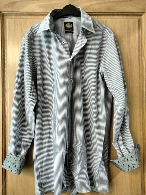 191 1305-40 Hammerschmid  Men Trachten Shirt Grey / white striped with deer design on cuffs and neck line - German Specialty Imports llc