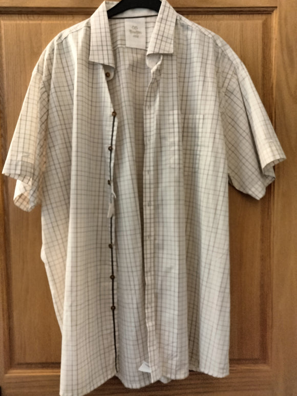 36779 Men Trachten Shirt Short Sleeve, Regular Fit with chest pocket and fine light brown white checkers with interesting front and neck details - German Specialty Imports llc