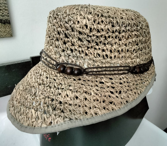 41151 Women  Hat  Straw hat Schute in Chrochet look with brown band with beads - German Specialty Imports llc