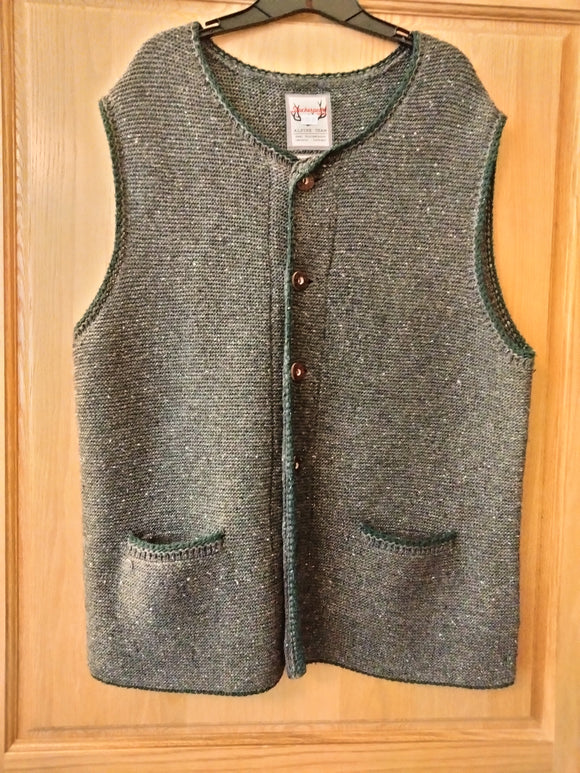 Lebensfreude Stockerpoint Traditional  Knitted Men Trachten Vest, grey with green edging and bone buttons - German Specialty Imports llc