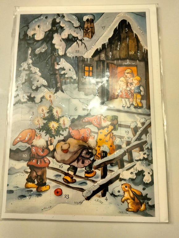 12489 Advents Calendar Card with Envelope Gnomes bringing Christmas Gift to the children - German Specialty Imports llc