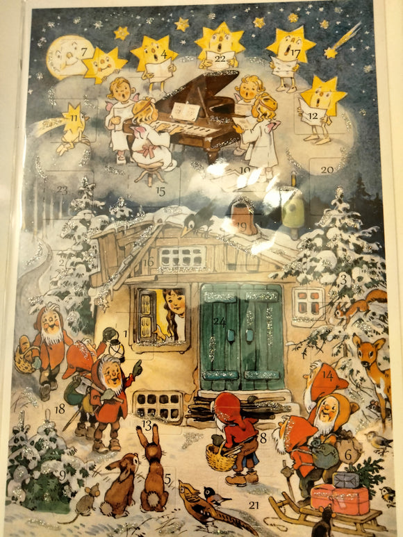 12478  Advents Calendar Card with Envelope  Gnomes bringing gifts for Snow White with Angels singing - German Specialty Imports llc