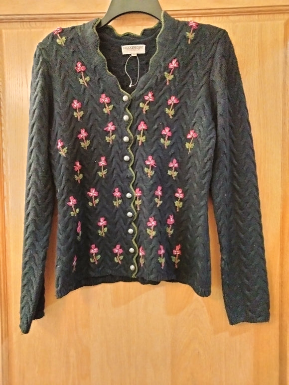 Stockerpoint Navy Blue Knitted Sweater/  Jacket with Hand Embroidered pink flowers - German Specialty Imports llc