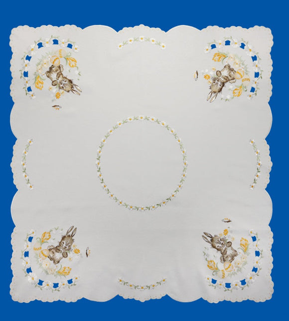137-1C3 Embroidered  Cut Out Square Easter Table linen with Bunny, Flowers and Easter eggs in  cream withbrown and yellow tones - German Specialty Imports llc
