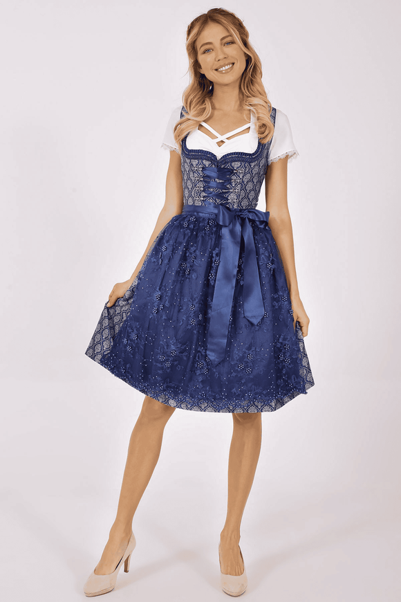 2 pc Festive Blue Krueger Freya Collection Dirndl with Beautiful Lace Apron 60 cm - German Specialty Imports llc