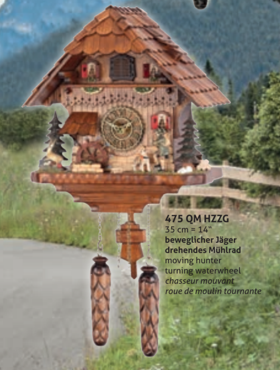 475 QM HZZG Trenkle  Quarz Cuckoo Clock with moving Hunter and turning Water Wheel - German Specialty Imports llc