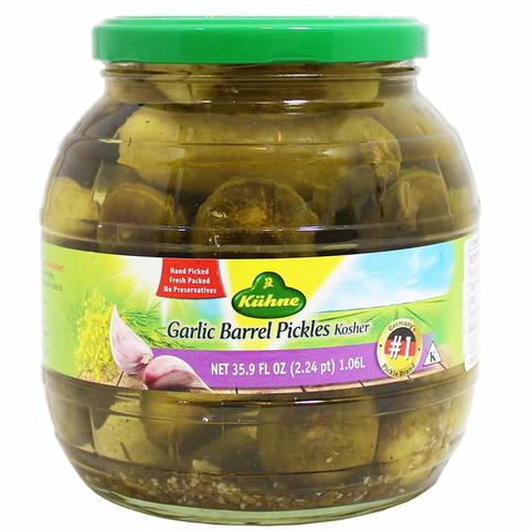 08GE33A Kuehne Garlic Barrel Pickles Kosher - German Specialty Imports llc