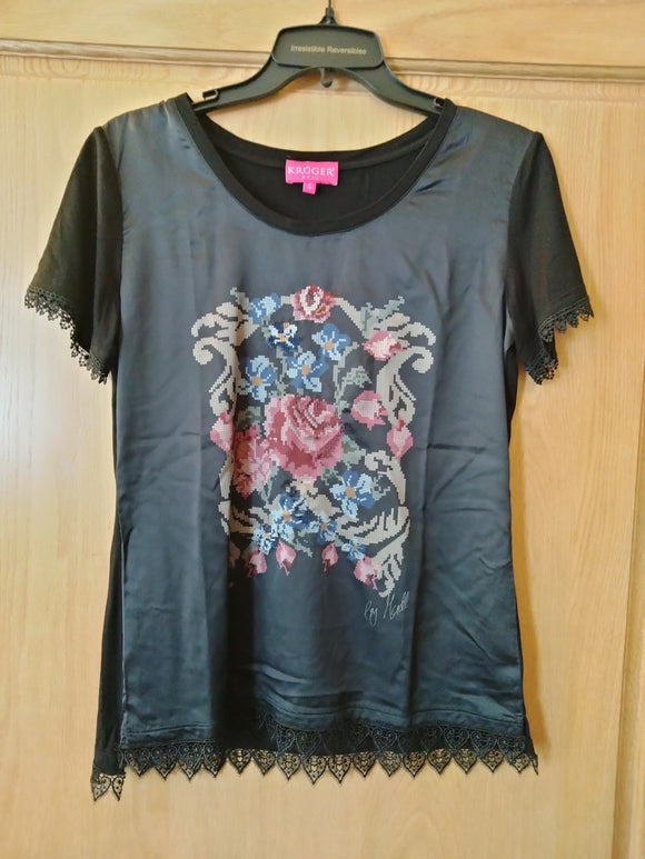 Beautiful Elegant Krueger Madl 36242 Trachten  Shirt , black with Cross stitch embroidery flower design and lace edging - German Specialty Imports llc