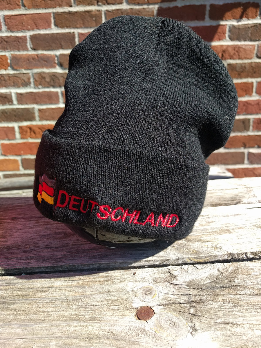 Deutschland Knitted Fold Up Beanie Hat with Embroidered German flag German Specialty Imports llc