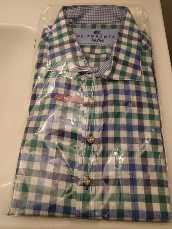 OS Trachten  Green Blue and White Checkered Men Trachten Shirt - German Specialty Imports llc