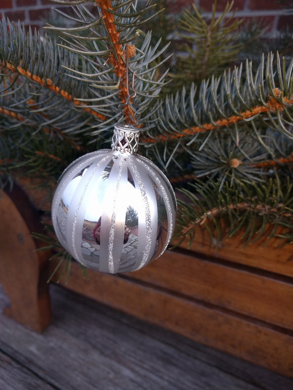 Inge Glas Mouth Blown and Hand Painted  Large Silver Striped Glass Ball Ornament - German Specialty Imports llc