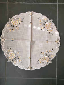 Linen Light Golden / White Flower Scalloped  Embroidered Doily in different sizes - German Specialty Imports llc