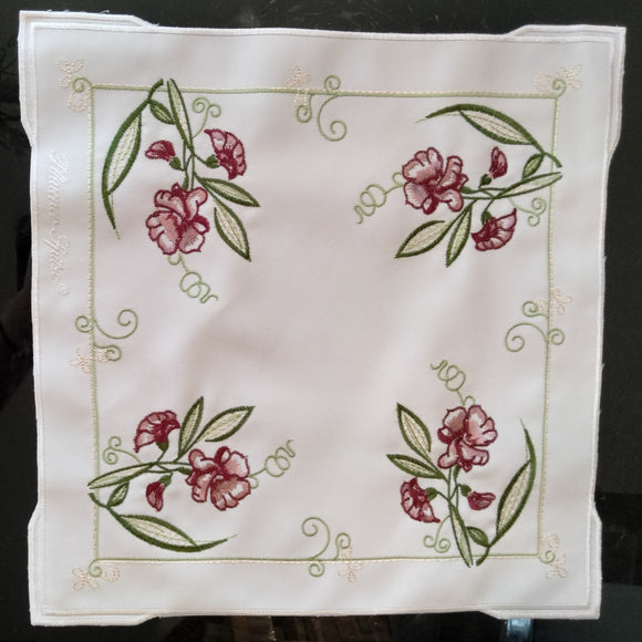 Cream colored Square Plauener Spitze Rust Sweet Pea  Embroidered Scalloped-Edge Flower  Doily 12