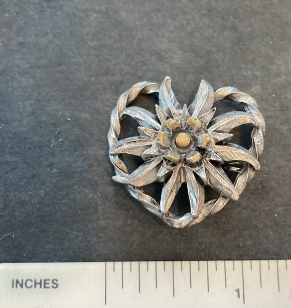 Pewter Edelweiss with Heart  Hat pin / Brooch - German Specialty Imports llc