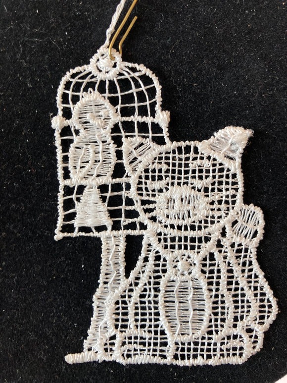 Easter Lace Ornament - cat, canary birdcage - German Specialty Imports llc