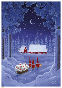 10503 Advents Calendar  "God Jul" Tomtes reaching Lodge