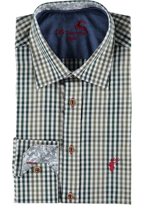 420000-3582/56 ( 193218) OS Checkered Men Trachten Slim Line Shirt with interesting cuff and neck designand Bone buttons - German Specialty Imports llc