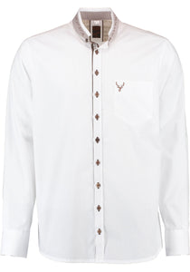 420002-3684OS White Men Trachten Shirt with Stand Up Collar 1/1 -sleeve, brown embroidery, collar brown  and Bone buttons