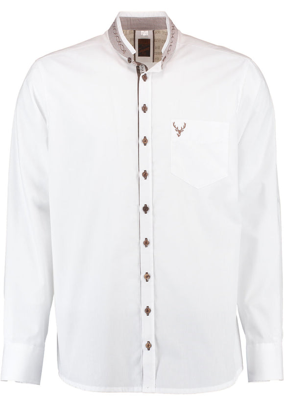 420002-3684OS White Men Trachten Shirt with Stand Up Collar 1/1 -sleeve, brown embroidery, collar brown  and Bone buttons - German Specialty Imports llc