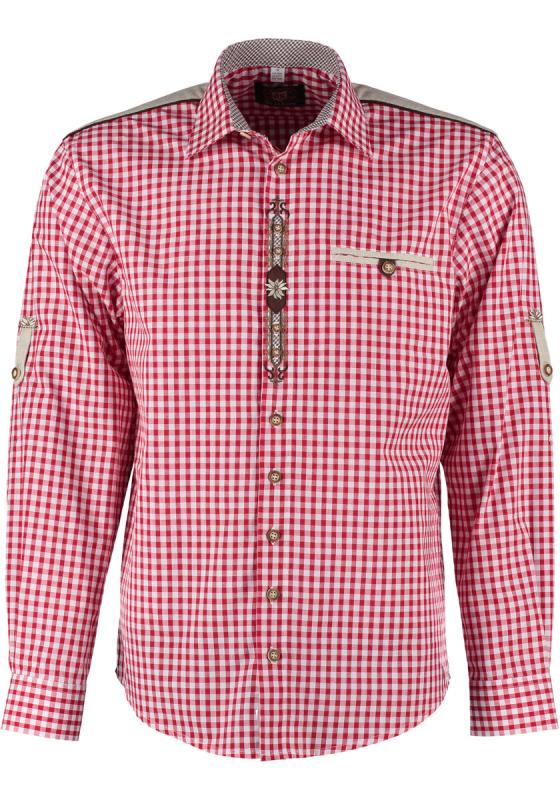 420032-2602/34 OS Red/White  checkered Men Trachten Shirt with Edelweiss Flower embroidery beige shoulder design