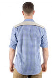 420032-2602/42 OS Blue / White  checkered Men Trachten Shirt with Edelweiss Flower embroidery beige shoulder design - German Specialty Imports llc