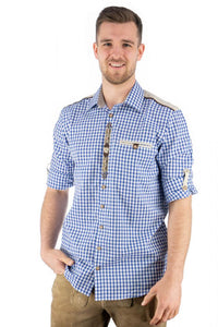 420032-2602/42 OS Blue / White  checkered Men Trachten Shirt with Edelweiss Flower embroidery beige shoulder design