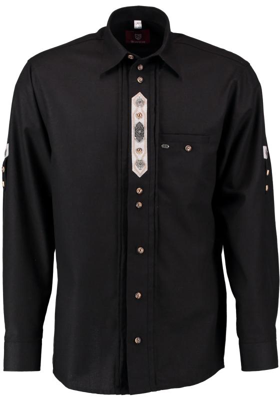 420060-1011 OS Trachten Men Trachten Shirt with Detailed Embroidery and Pewter Decoration  in Front and Sleeves, BLACK AND WHITE