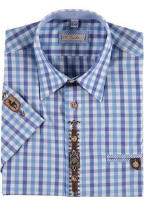 421000-2996  Men Trachten Shirt Short Sleeve, Regular Fit with Leather design front - German Specialty Imports llc