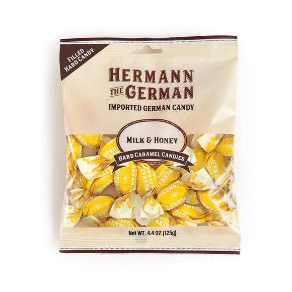 C 11494 Hermann the German Milk&Honey hard Caramel Filled Wrapped Candy Peggable Bagg - German Specialty Imports llc