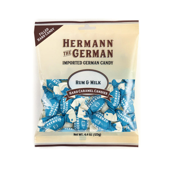 C 11495 Hermann The German® Rum & Milk Hard Caramel Filled Wrapped Candy Peggable Bag - German Specialty Imports llc