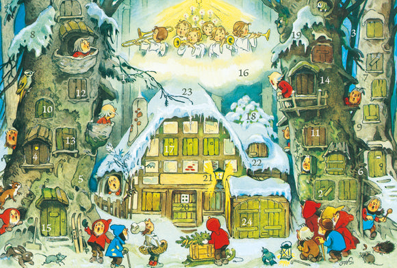 22232 - 12308 Glitter Advent Calendar Card with Envelope Advent card  “Nostalgia” Cloud above Gnomes