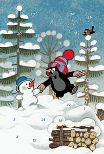 22236-12396 Glitter Advent Calendar Card with Envelope Dancing   Little Mole and snowman in the forest