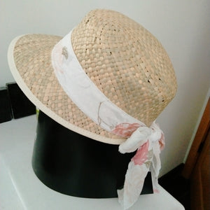 38078 Women  Hat  Straw hat Schute in Chrochet look with ribbon