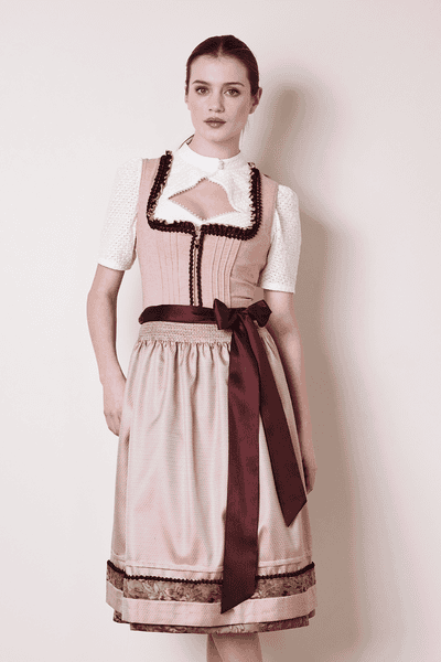 2 pc Festive Krueger Gina Collection Dirndl  pink with Beautiful pearl  decorated matching Lace Apron