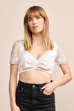 Krueger Dirndl Blouse Lisann Elegant Ecru short sleeve and fine lacee edging at sleeves and v-neckline with pearl buttons front design
