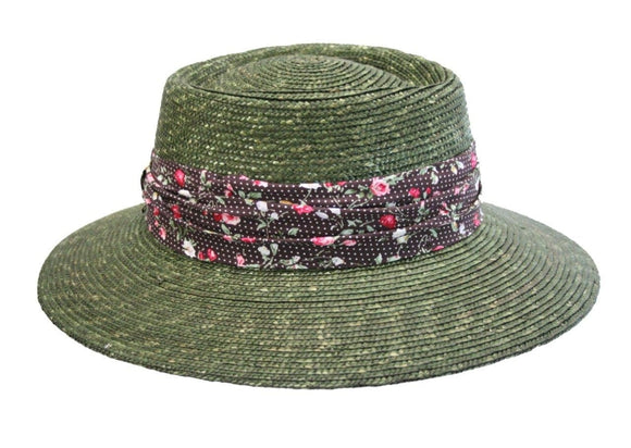 40500  Olive Green  Rim Braided Straw Bortenstroh  Hat With Ribbons in different colors