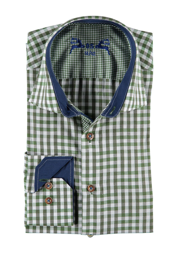 420000-325354  OS Checkered Men Trachten Slim Line Checkered Shirt with interesting cuff and neck design and Bone buttons - German Specialty Imports llc