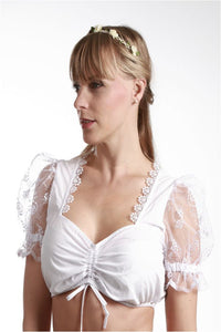 4118 Classy Fuchs Lace / Cotton  Dirndl blouse with  Embroidered Organza Arm in white and creme