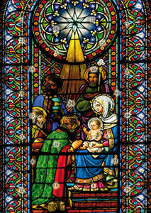 Advents Calendar Adoration of the three kings before the baby Jesus from the stained Gla of the royal Bssilikca of Montserrat after 1870 - German Specialty Imports llc