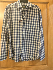 41475- OS Blue and white checkered slim fit Men Trachten Shirt with embroidery on chest pocket - German Specialty Imports llc