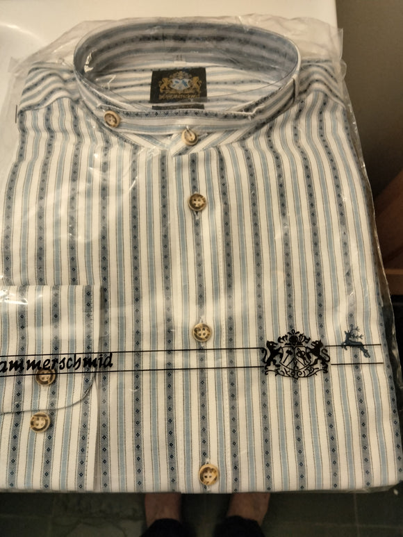 202 1376-49   High Quality Hammerschmid blue / white striped  Men Pfoad  Trachten Shirt with half way down Buttons and interesting neckline - German Specialty Imports llc