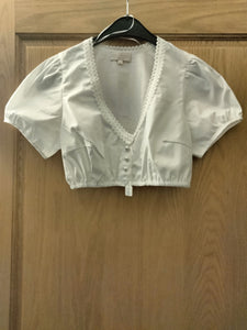 201641 Krueger  Dirndl Blouse White with short sleeve and fine lacee edging at sleeves and v-neckline with pearl buttons front design - German Specialty Imports llc
