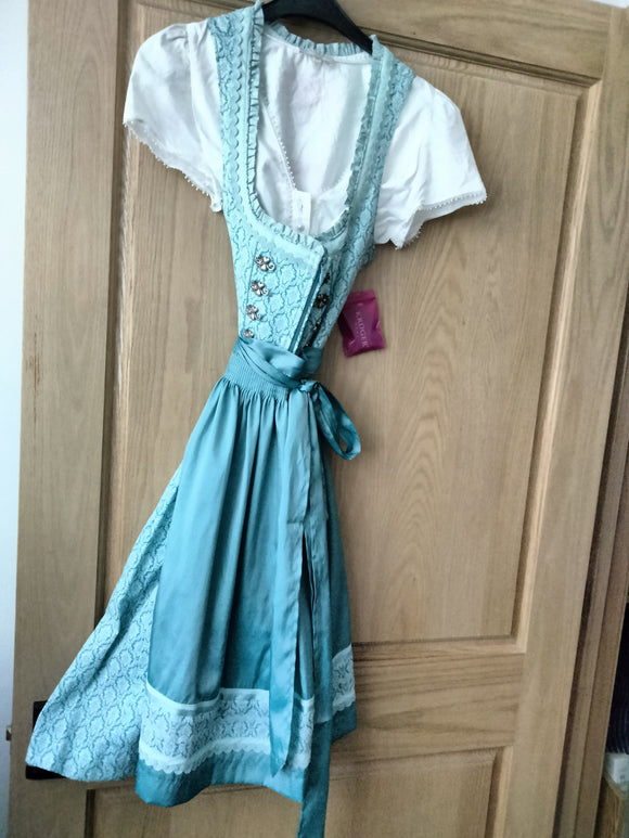 2 pc  46376 Krueger Madl Dirndl  Aqua  Green delicate  pattern with Beautiful Matching Pattern Apron - German Specialty Imports llc