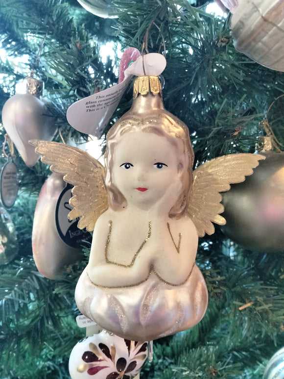 Vintage Christmas Ornament Angel with gold Paper Wings on Clouds Large - German Specialty Imports llc