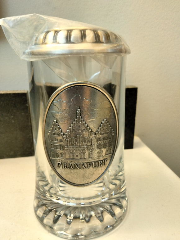 Frankfurt Glass  Beer Stein with Pewter Plaque from Frankfurt and pewter lid - German Specialty Imports llc