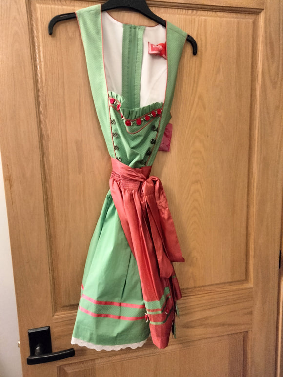 2 pc  Krueger Madl Dirndl  Green delicate  pattern with Beautiful Matching Pattern Apron and decorative rose boarder - German Specialty Imports llc