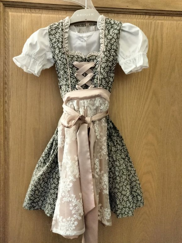 407111  LB 25 Krueger  Trachten Girl Dirndl Dress with white flower embroidered  lace apron  3 pc.